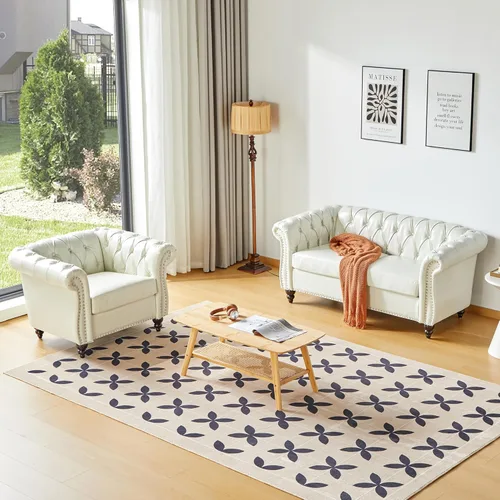 Vista 51 de Juego de 2 piezas para sala de estar, sofá Chesterfield de cuero con reposabrazos enrollados y tachuelas para sala de estar, oficina (negro)