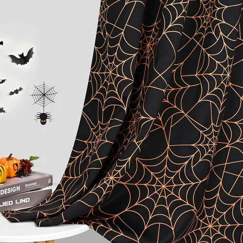 Vista 3 de Cortinas opacas de Halloween para sala de estar y dormitorio, cortina de ventana de tela de araña de 63 pulgadas de largo, 2 paneles de cortinas