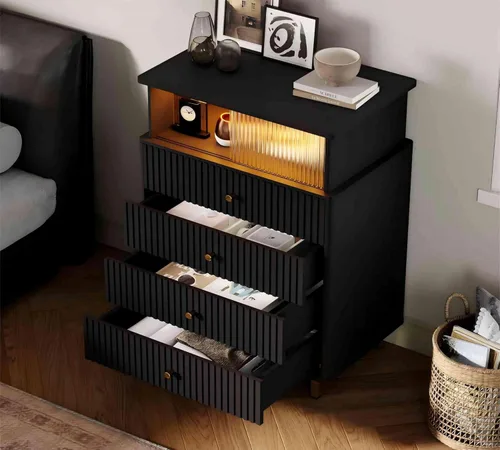 Vista 3 de ChooChoo Cómoda para dormitorio con gran capacidad, cómoda de 4 cajones con LED y acrílico, cómoda moderna blanca y dorada, cómoda con espacio