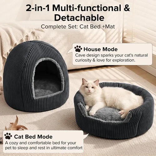Vista 2 de Camas para gatos 2 en 1 para gatos de interior, cama cerrada con almohada