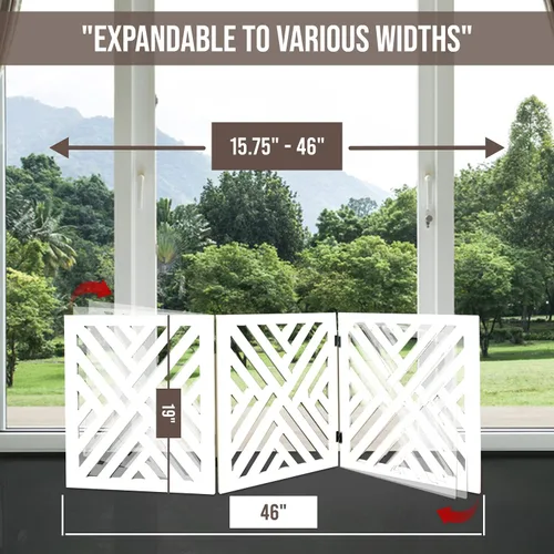 Vista 2 de Bundaloo Puerta independiente para perros, valla de madera decorativa expandible para perros pequeños a medianos, barrera para escaleras, puertas