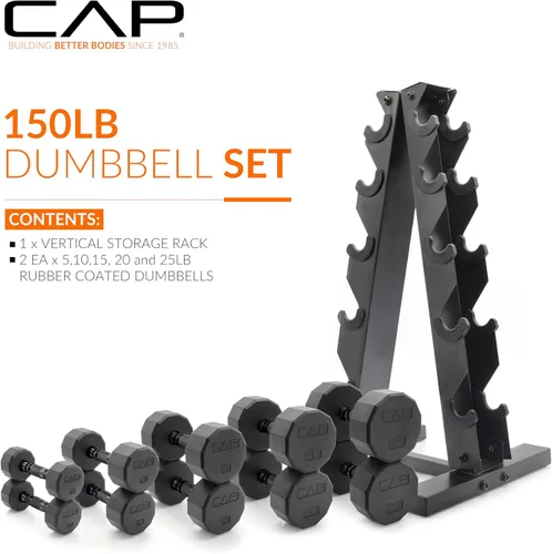 Vista 2 de CAP Barbell Juego de mancuernas hexagonales recubiertas de 150 libras con estante vertical Múltiples opciones