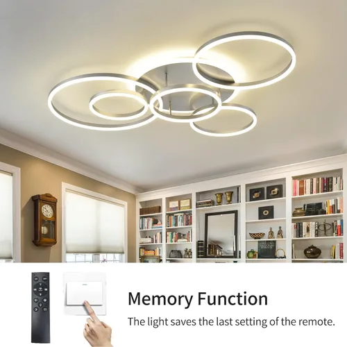 Vista 3 de Lámpara de techo LED moderna plateada regulable 5 anillos de montaje empotrado con control remoto 106W 10000LM iluminación de techo para sala