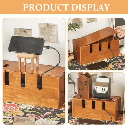 Vista 3 de DOITOOL Rustic Solid Wood Cable Organizer Box Cord Hider for Desk Power Strip Management Home Office Wire Storage Holder