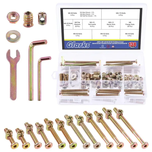 Glarks Juego de 138 tornillos de repuesto para cuna M6, tornillos hexagonales M6 x 30/40/50/60/70/3.150 in con tuercas, arandelas y herramientas