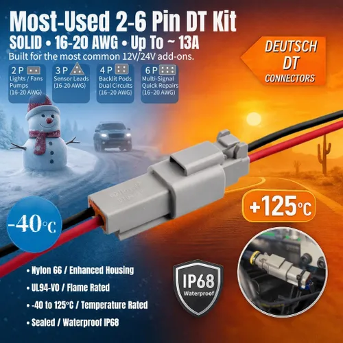 Vista 3 de Kit de conectores Deutsch JRready DW5011 - Conectores DT de 2, 3, 4, 6 pines, tamaño 16# contactos sólidos 16-20 AWG, herramienta de crimpado