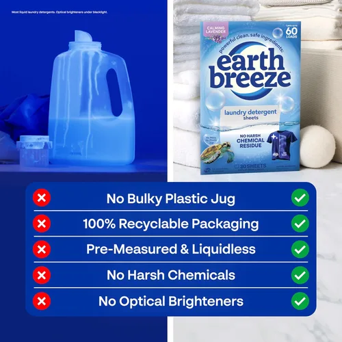 Vista 5 de Earth Breeze Hojas de detergente para ropa calmante lavanda, 60 cargas, sábanas ecológicas para lavandería, hojas de jabón de viaje para ciclos
