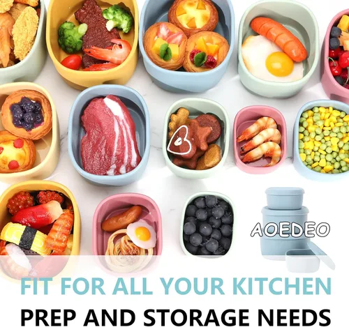 Vista 8 de 4 recipientes de silicona para almacenamiento de alimentos con tapas, sin BPA, reutilizables, de silicona, para congelador, lavavajillas