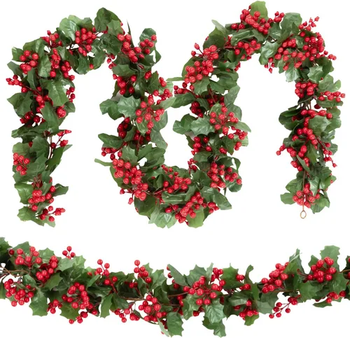 Vista 9 de Findosom Guirnalda de Navidad Total de 11.2 pies para repisa de chimenea, 2 piezas de guirnalda flexible de bayas rojas con hojas, guirnaldas