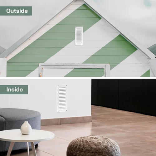 Vista 5 de Vent Systems – 3.35 x 9.84 pulgadas (interior) rejilla de ventilación de aire rectangular de metal blanco para alero, cubierta de rejilla, deflector