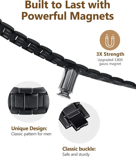 Vista 5 de Feraco 3X Pulseras magnéticas para hombre de acero de titanio con imanes de 3 filas (negro)