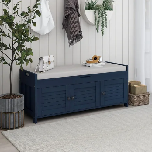 Vista 15 de Merax Banco de zapatos de madera de granja con almacenamiento y cojín de asiento para entrada, pasillo, puerta delantera, azul marino antiguo
