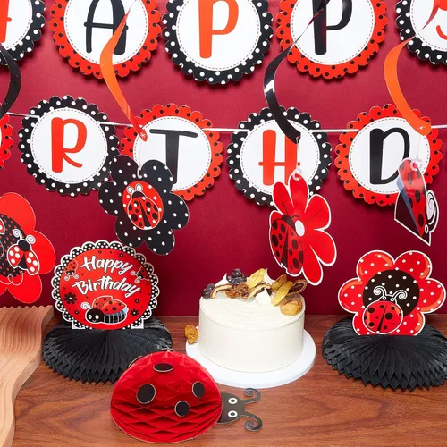 Vista 4 de Kit de decoración de fiesta de cumpleaños de mariquita, pancarta de cumpleaños de mariquitas, panal, centro de mesa, decoración de remolinos