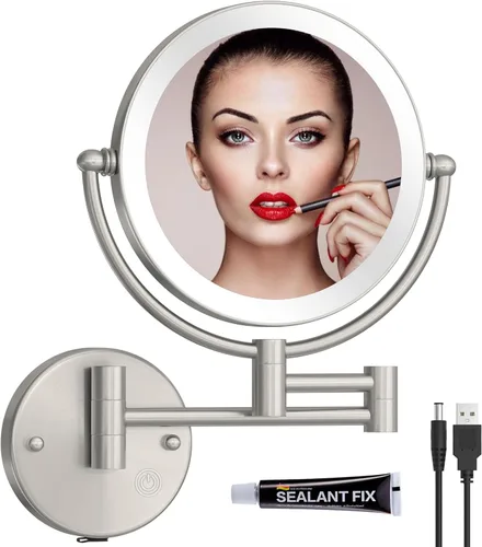 Vista 11 de Espejo de maquillaje de latón montado en la pared con luces y aumento, espejo de aumento iluminado recargable para montaje en pared con 1X y 5X