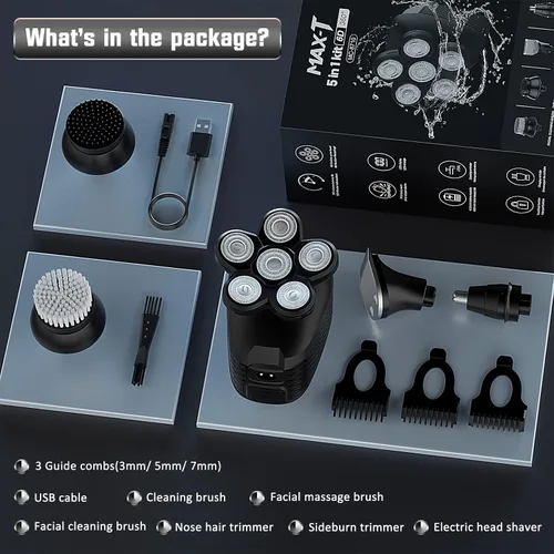Vista 7 de MAX-T - Afeitadoras de cabeza para hombres, 5 en 1, multifuncional, multifuncional, calva, inalámbrica, recargable, eléctrica, afeitadora de cabeza
