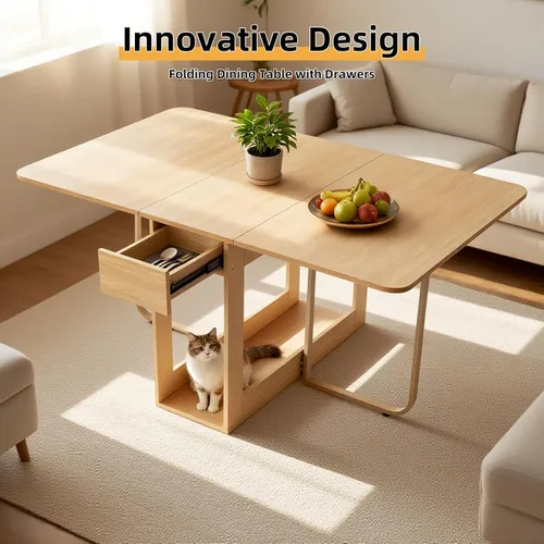 Vista 4 de Mesa de comedor plegable para 4/6 con 35.4 pulgadas, mesa de hojas colgantes extra ancha que ahorra espacio con ruedas bloqueables y almacenamiento