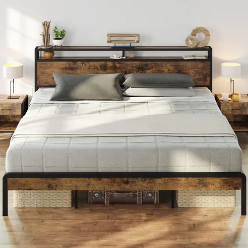 Vista 10 de LIKIMIO Marco de cama tamaño completo, cama de plataforma con cabecera de almacenamiento de 2 niveles, sólida y estable, sin ruido, no necesita