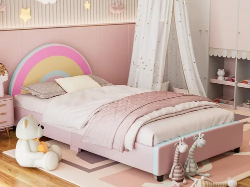 Vista 2 de IKIFLY Cama infantil de tamaño individual, base de cama tapizada con cabecera curvada, cama rosa para niños y niñas, adolescentes, no necesita
