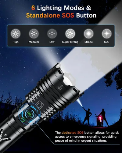 Vista 5 de Linterna Recargable Súper Brillante 2000000 Lúmenes Altos Impermeable Táctica Potente Linterna LED Alimentada por Batería con 6 Modos Ampliable