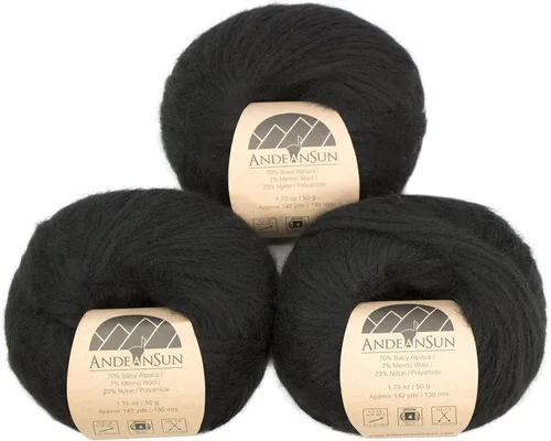 Juego de 3 hilos de lana merino de alpaca bebé [426 yardas en total] negro, #4