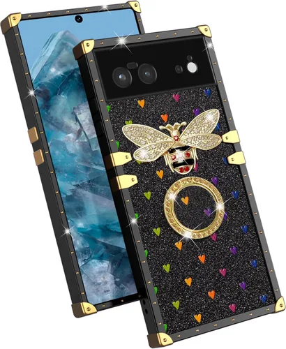 Vista 6 de nancheng for Google Pixel 6 Case for Girls Women Stylish Luxury Bees Design Case with Ring Stand Holder + Strap Lanyard Shockproof Protection Cover