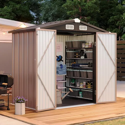 Vista 12 de Aoxun Cobertizo de almacenamiento de acero para jardín al aire libre de 6 x 4 pies con puerta con bloqueo impermeable y resistente a la oxidación