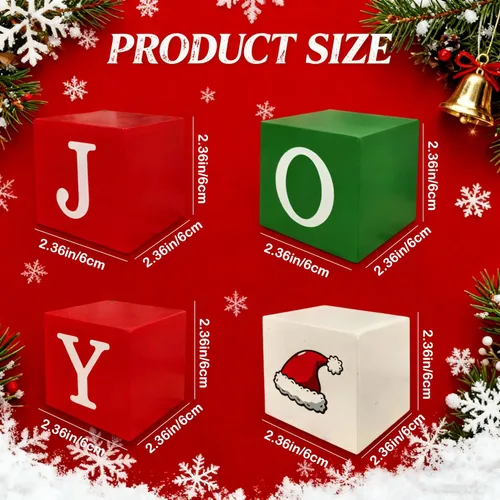 Vista 5 de 4 piezas de decoración de mesa de Navidad para interiores, bloques de madera, letreros rojos, verdes y blancos, centros de mesa de Navidad