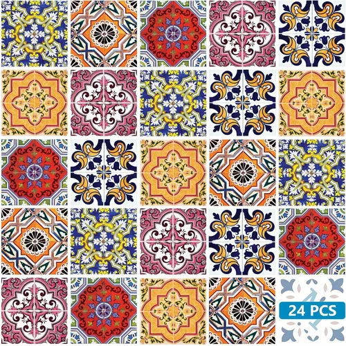Vista 25 de Juego de 24 calcomanías para azulejos de salpicaduras en muro, azulejos tradicionales de Talavera, calcomanías para azulejos de baño y cocina Barra