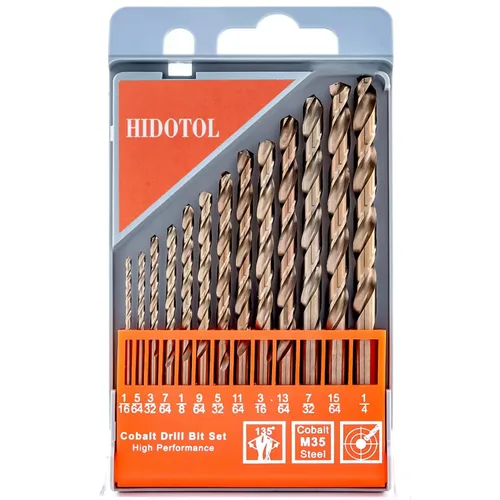 Vista 8 de HIDOTOL Juego de 13 brocas de cobalto con revestimiento azul M35 HSS 1/16"-1/4" para metal endurecido, acero inoxidable, hierro fundido, plástico