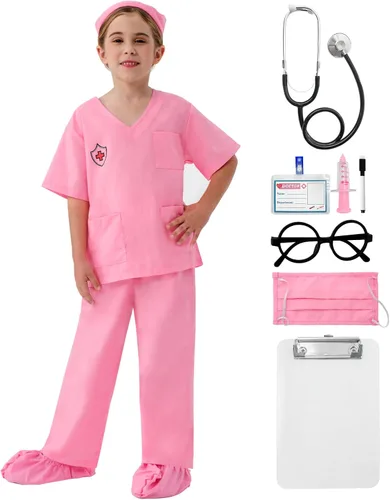 Fooecor Doctor Costume for Kids, Halloween Scrubs Pants Set for Toddler Girls with 6 Toys Accessories