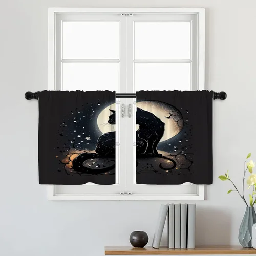 Vista 29 de Batmerry American Flag Ink Dot Tier Curtains, Red Blue White Stars Abstract Window Treatment Short Kitchen Curtain Multilayer Polyester Blackout for