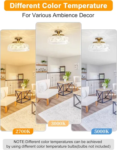 Vista 4 de Lámpara de Techo Semiempotrada, Accesorio de Iluminación de Techo Dorado Grande de 12 Pulgadas, 3 Luces con Globo de Vidrio Estilo Casa de Campo