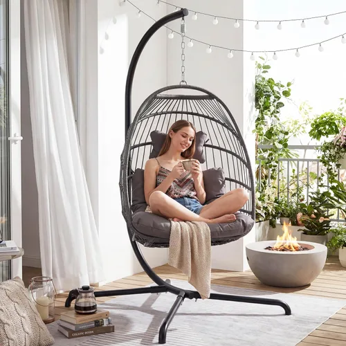 Vista 15 de Hamaca colgante de mimbre, para interiores y exteriores, en forma de huevo, con almohadones resistentes a los rayos UV y estructura de aluminio