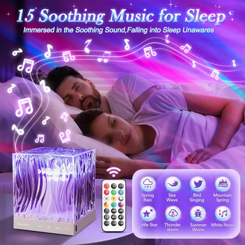Vista 2 de Lámpara de cristal para dormitorio, 15 luces de habitación de máquina de ruido blanco para dormitorio, proyector de luz nocturna con música
