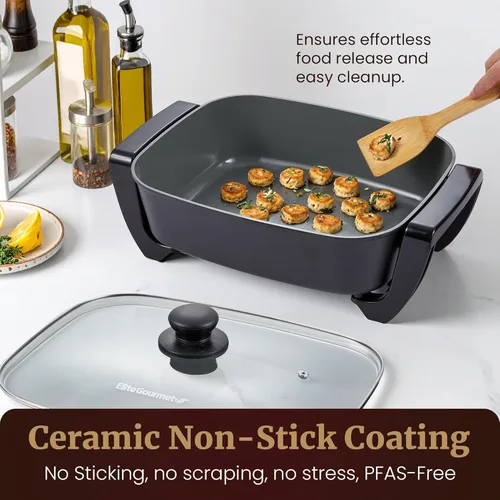 Vista 5 de Elite Gourmet Sartén eléctrica de 15" x 12" x 4", plato extra profundo, Ceralast sin PFAS Ceralast, calor rápido de 1500 W, tapa ventilada de vidrio