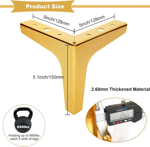 Vista 4 de MNKNENG Paquete de 8 patas de metal dorado para muebles, de 5 pulgadas, extensores de patas de sofá doradas, estilo moderno, resistente, repuesto
