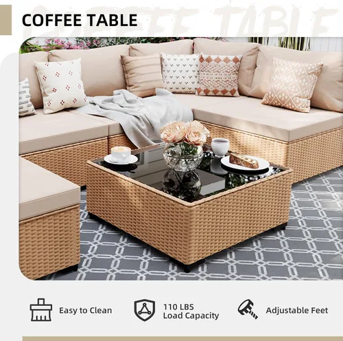 Vista 6 de UPHA Juego de muebles de mimbre para patio de 7 piezas con mesa auxiliar Cojín de ratán beige y beige