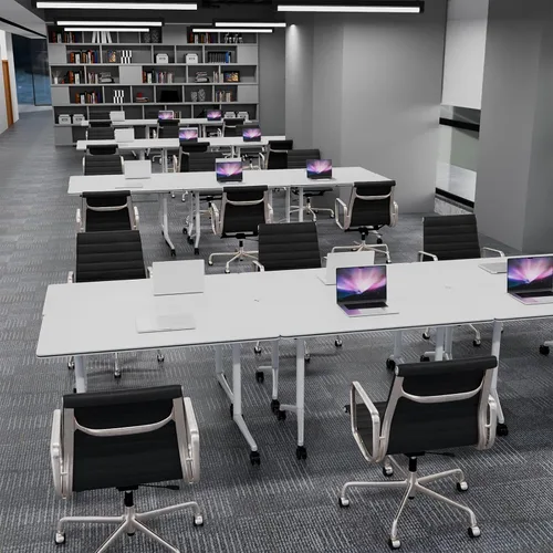 Vista 6 de Mesas de sala de conferencias blancas, mesa de conferencias rectangular plegable con ruedas para reuniones grandes, seminario en casa, oficina Blanco