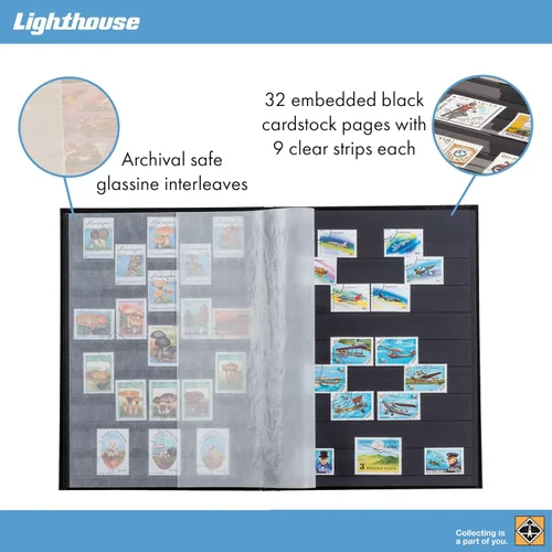 Vista 3 de LIGHTHOUSE - Libro de libros de tapa dura "BASIC" para sellos, 32 páginas de cartulina negra de 6 x 9 pulgadas (A5) con tiras transparentes