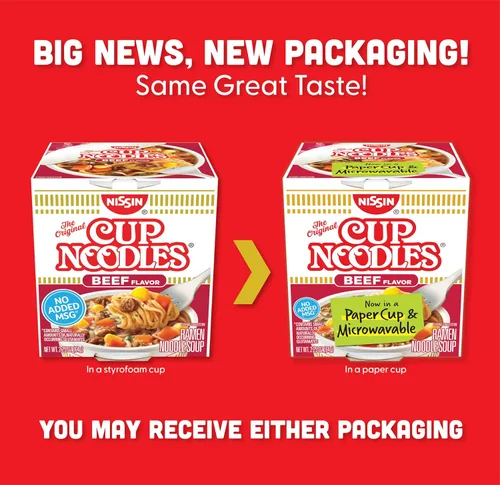 Vista 3 de Nissin Cup Noodles Sopa, Sabor a Carne de Res, Vasos de Papel Aptos para Microondas, Ramen Instantáneo, 2.25 Onzas (Paquete de 12)