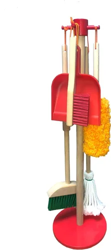 JustForKids Wooden Detachable Kids Cleaning Set - Duster, Brush, Mop, Broom and Hanging Stand Play - Housekeeping Kit - STEM Toys for Toddlers Girls