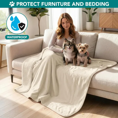 Vista 2 de PetAmi Manta impermeable para perros y gatos, a prueba de orina, reversible, forro polar suave, lavable, 24 x 32 pulgadas, color beige
