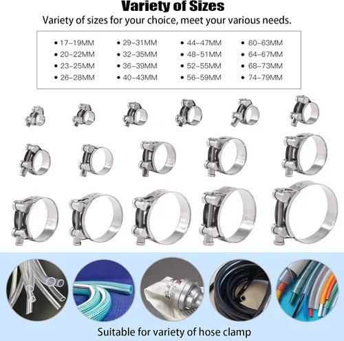Vista 5 de Glarks 6 abrazaderas de manguera con perno en T de 0.669-0.748 in, acero inoxidable 304, abrazaderas de tubo ajustables para manguera de rango