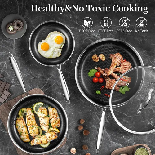 Vista 9 de Sartén antiadherente de 8 pulgadas con tapa, sartén antiadherente de acero inoxidable tri-capa de cerámica de titanio con tapa, sartén híbrida