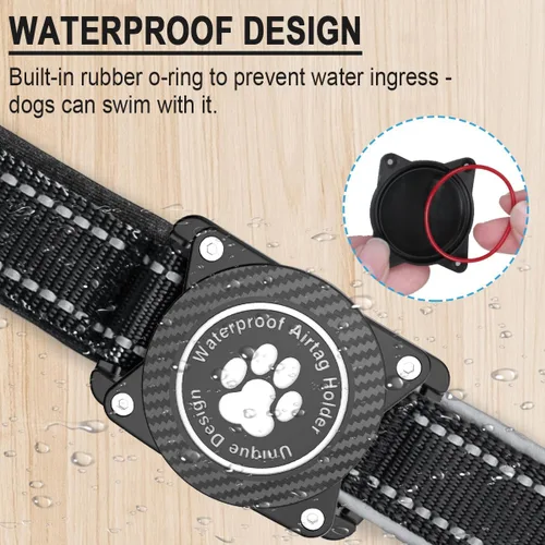 Vista 2 de Collar para perro Airtag con soporte impermeable para AirTag, luminoso reflectante, acolchado suave, collar de nailon ajustable para perros Negro