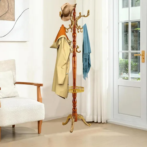 Vista 15 de Heavy Coat Rack Freestanding, Natural Wood Hall Tree, Adjustable Height 73in and Versatile 14 Hooks for Entryway, Porch, Living Room, Bedroom, Home
