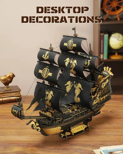 Vista 6 de ROKR Seahorse Barque - Rompecabezas de madera 3D para adultos, kit de modelo de velero, ensamblaje de 603 piezas, velero a escala 1:100 MCB02