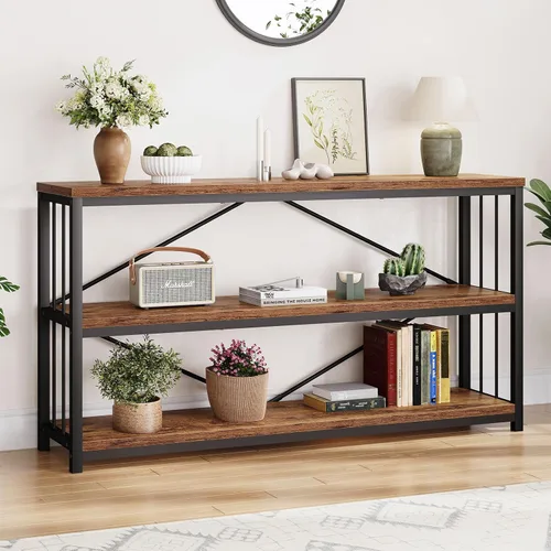 Vista 28 de LVB Mesa consola industrial, mesa de sofá de metal y madera, mesa de entrada rústica con almacenamiento, moderno estante de 3 niveles mesa larga