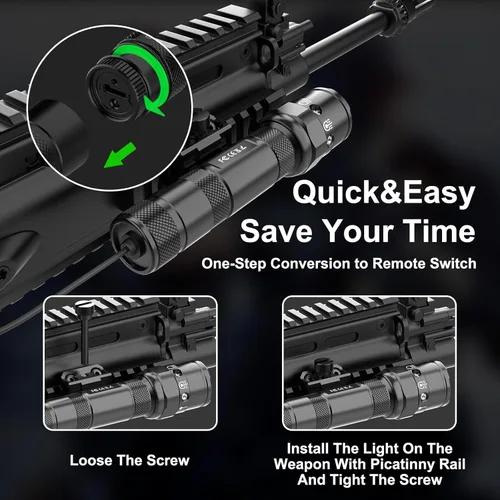Vista 5 de Combo de Luz Láser para Rifle – Luz de Rifle de 1250 lm y Láser Linterna Táctica Picatinny Rail con Haz Láser Verde, Linterna de Arma