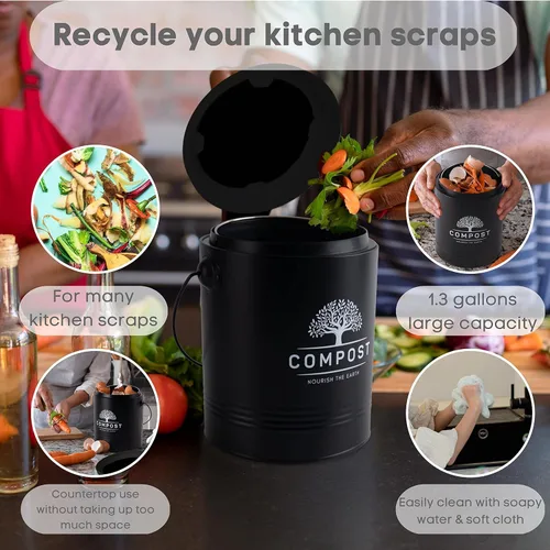 Vista 3 de Perfnique Cubo de Compost de Cocina, Cubo de Compost de Encimera de 1.3 Galones con Tapa, Cubo de Compost Interior Incluye Revestimiento del Cubo